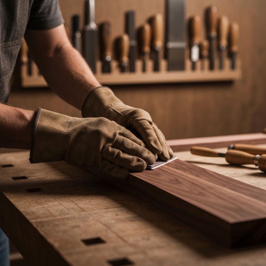 Craftsman carefully sanding hardwood, showcasing attention to detail