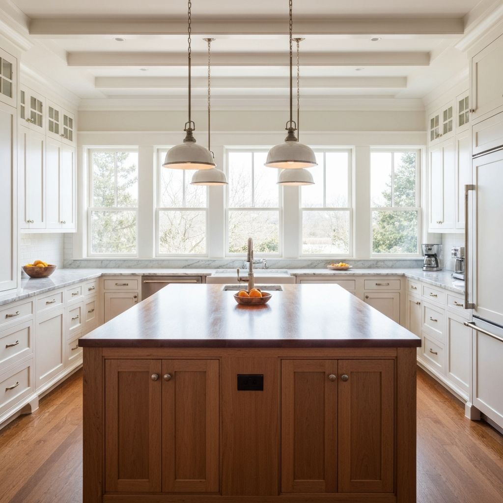 Beautifully remodeled luxury kitchen with white cabinetry and a large wooden island