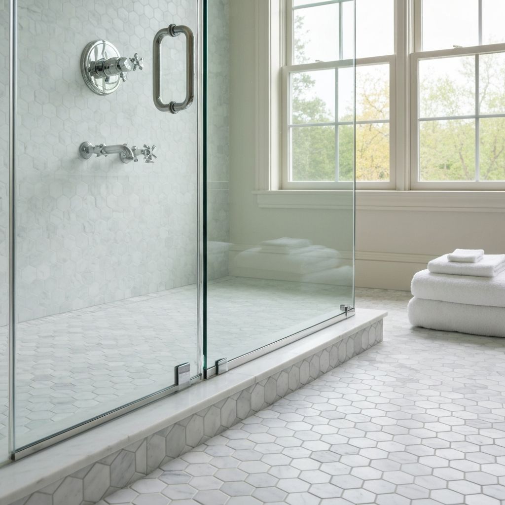 Detail of marble hexagon floor tile and chrome fixtures in Clinton, CT bathroom renovation