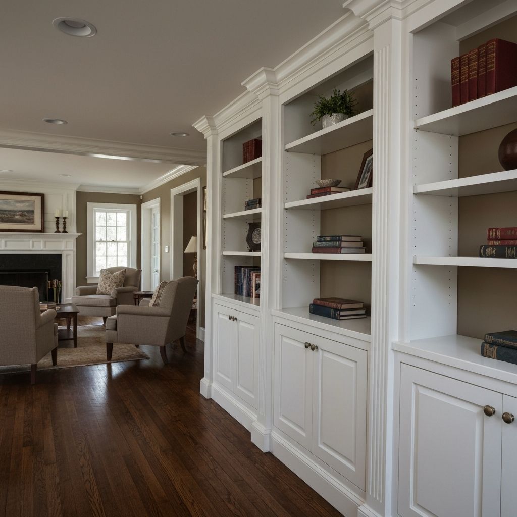 Close-up of custom white built-in shelving with crown molding in Essex, CT home