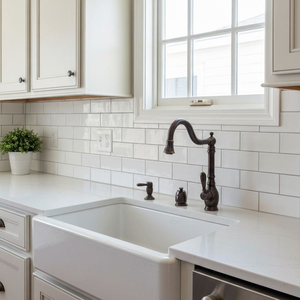 Farmhouse sink with quartz countertop and subway tile backsplash in Old Saybrook kitchen