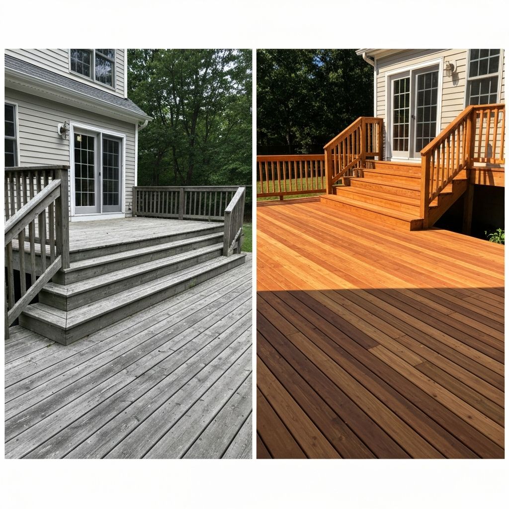 Close-up of freshly stained cedar decking showing the quality of Pioves restoration work