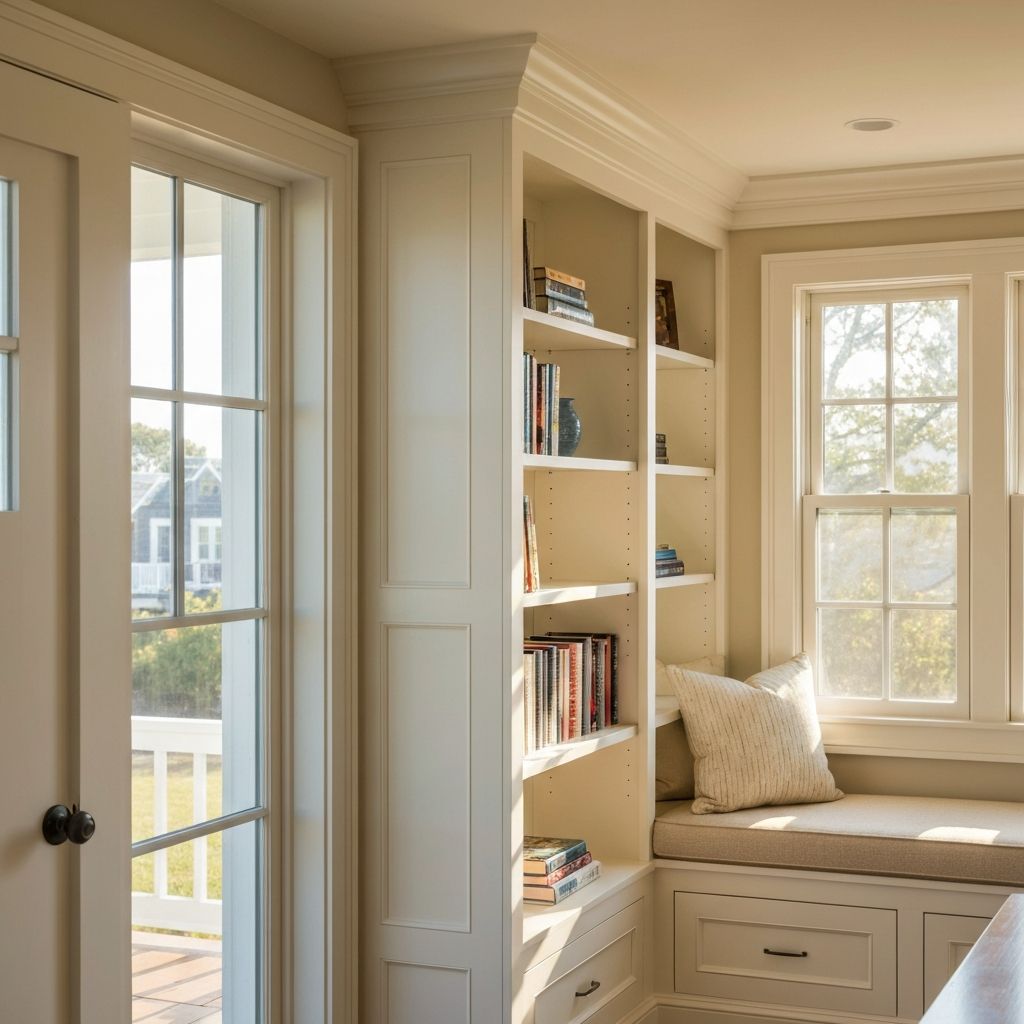 Custom built-in bookshelves and window seat in a coastal Connecticut home