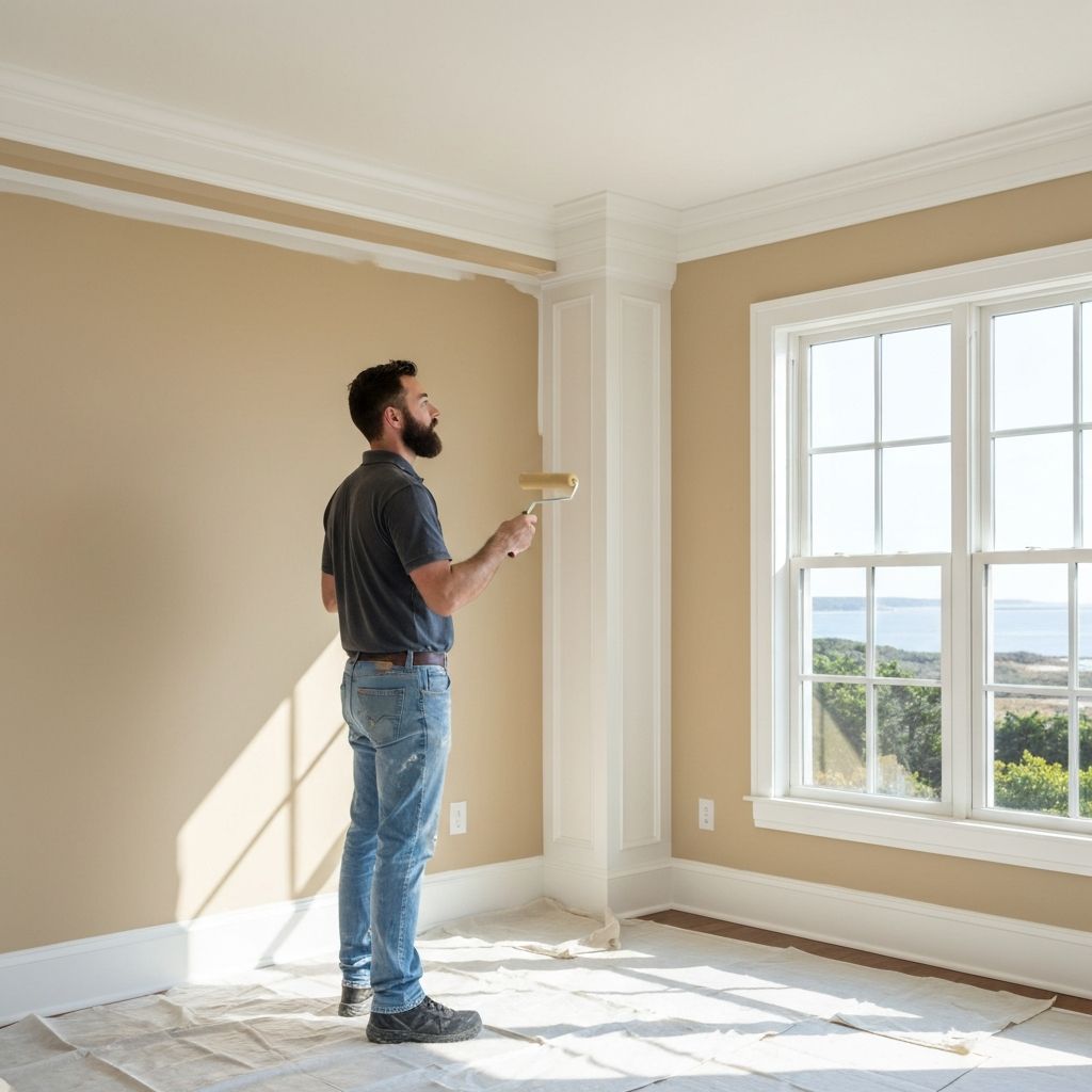 Professional interior painter applying warm neutral paint in a Connecticut living room